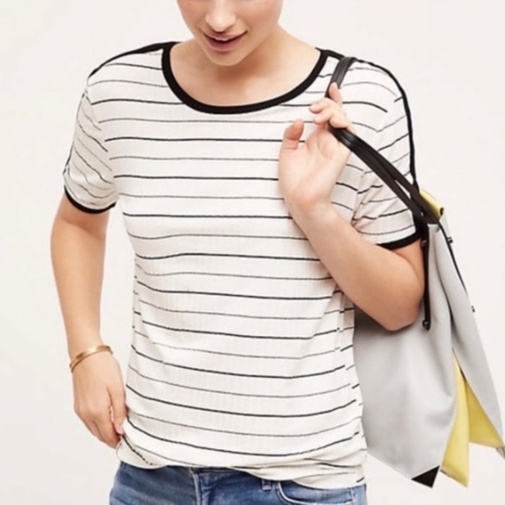 🌸POSTMARK* Anthropologie  White Black Striped Morgan Ribbed Top